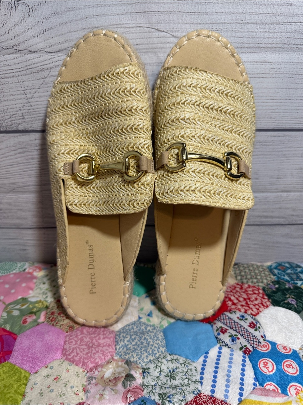 Pierre Dumas Beige Straw Mule with Gold Bit Accent